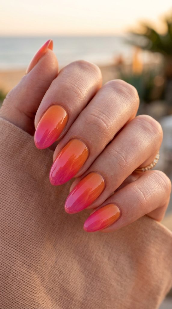 Orange and pink sunset aura nails with a warm glowing gradient