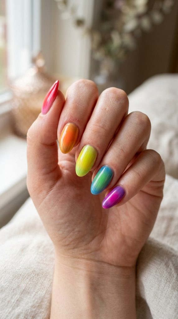 Rainbow skittle aura nails with a different color on each nail