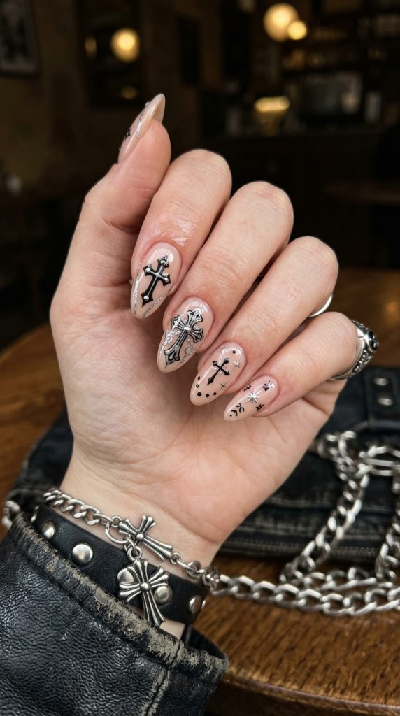 Y2K cross nails with black and silver crosses on nude