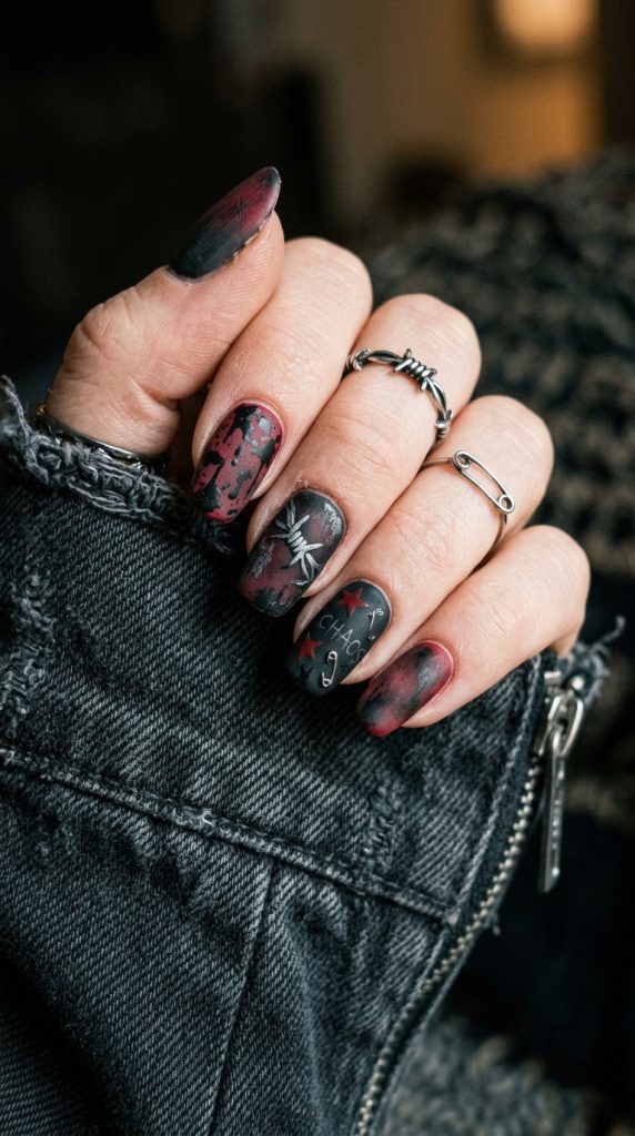 Y2K grunge nails in moody black and deep red matte