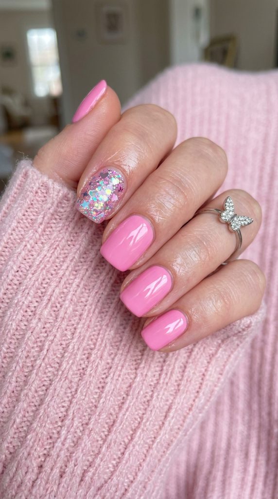 Bubblegum pink Y2K nails with a glitter accent