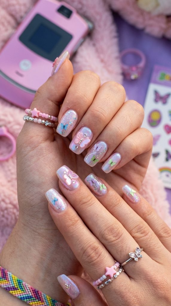 Frosted early-2000s Y2K nails with butterflies and glitter
