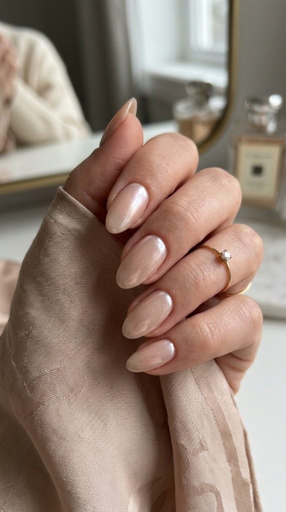 Glazed donut nails with a pearly chrome shimmer