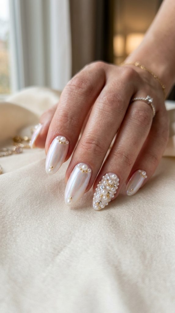 Nails with pearl bead accents and a pearlescent finish