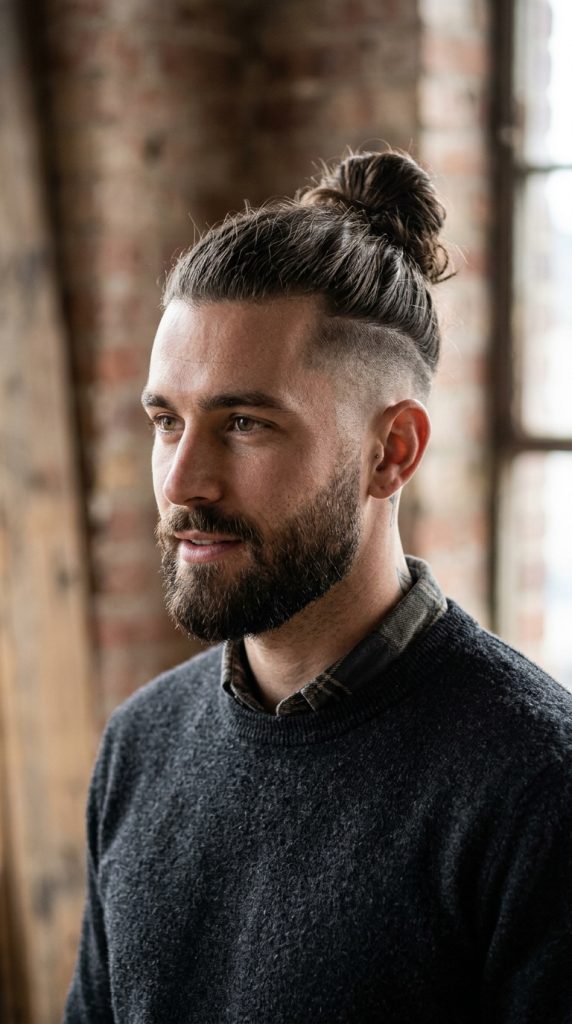 Man bun top knot with a high taper fade styles for men