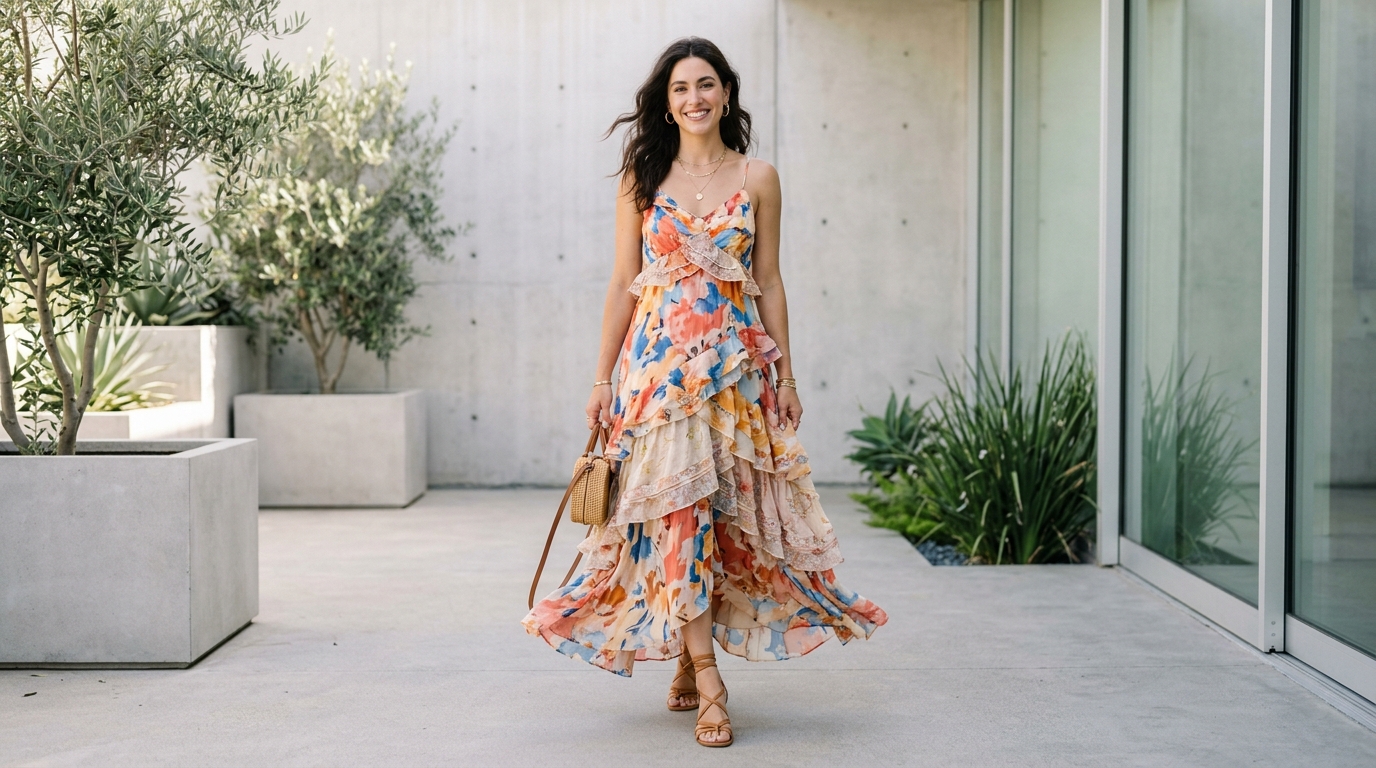 Woman wearing an elegant flowing maxi dress