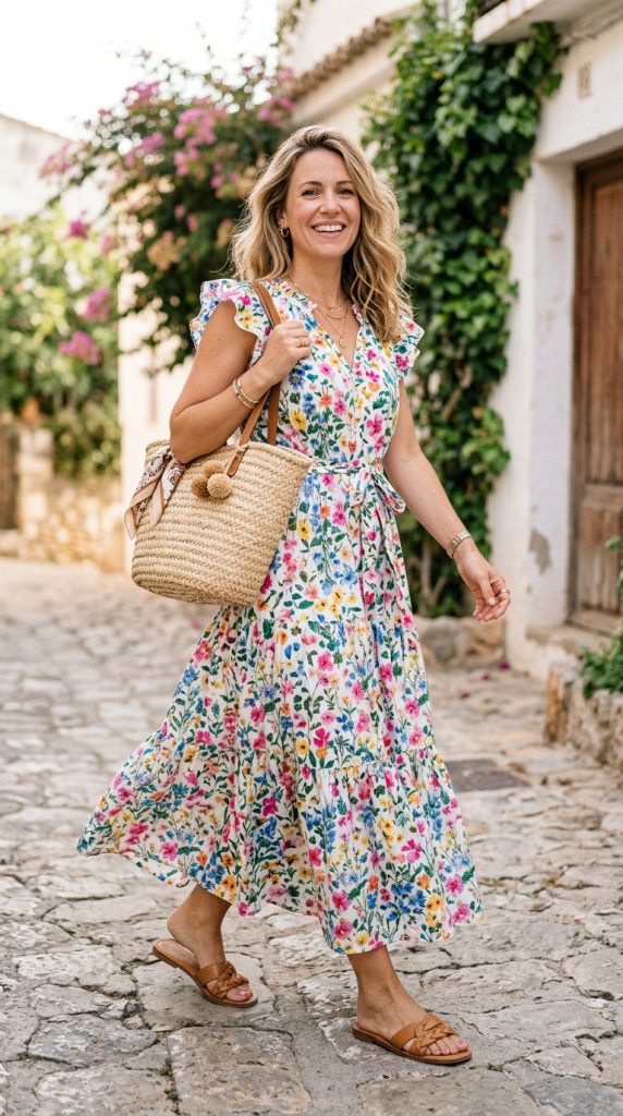 Floral summer maxi dress with a straw bag
