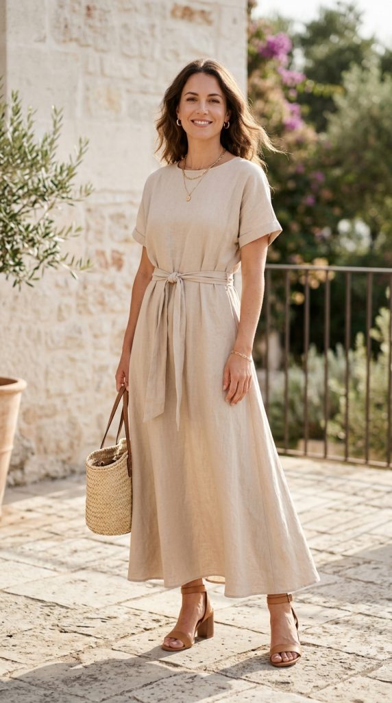 Neutral linen maxi dress with flat sandals