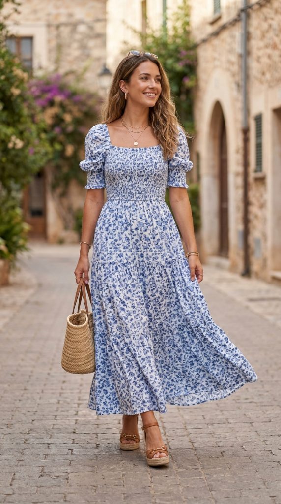 Smocked shirred maxi dress with wedges