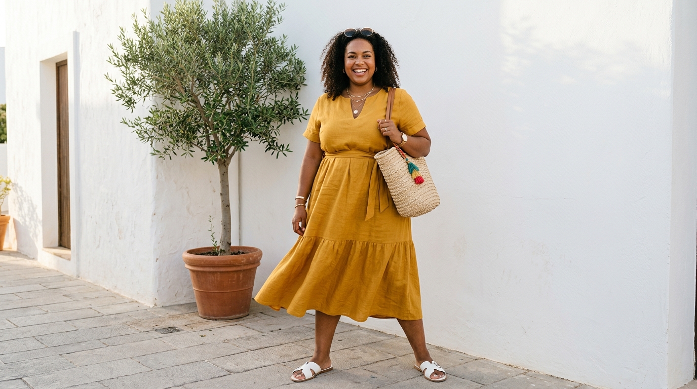Confident plus size woman in a chic yellow summer outfit on a sunny day
