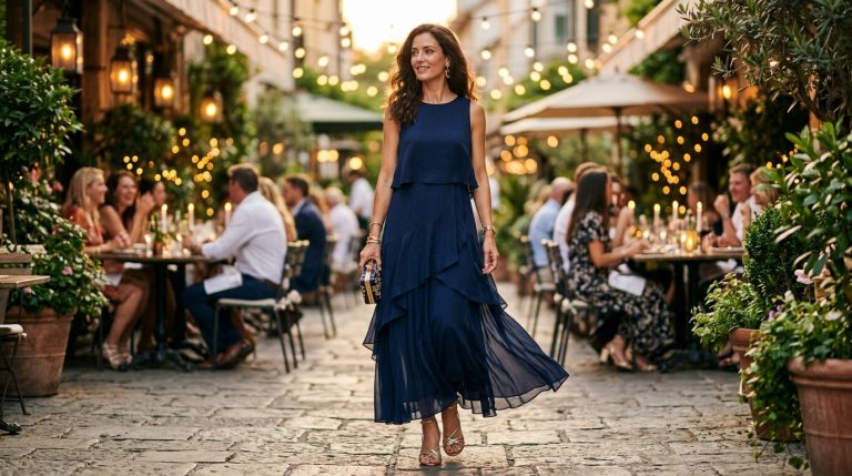 Woman in an elegant satin slip dress at an evening summer dinner