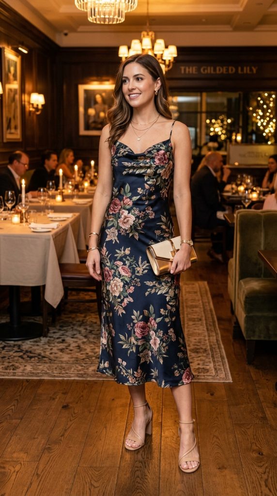 Floral satin slip dress for a summer dinner