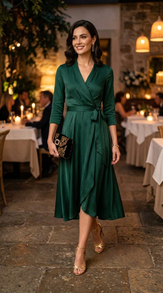 Satin wrap midi dress for a dinner out