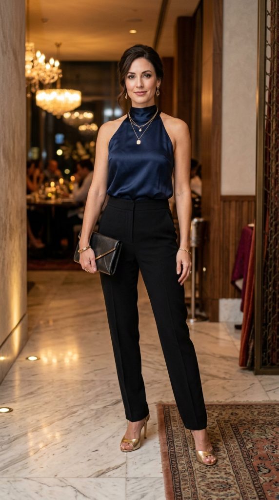  Satin halter top with tailored trousers