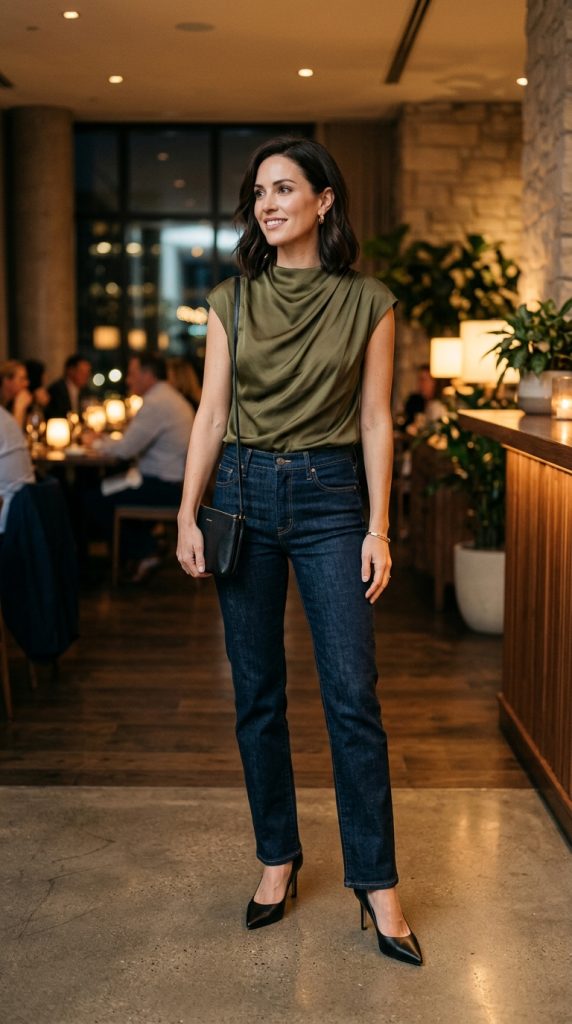 Olive draped top with straight-leg denim summer dinner outfits