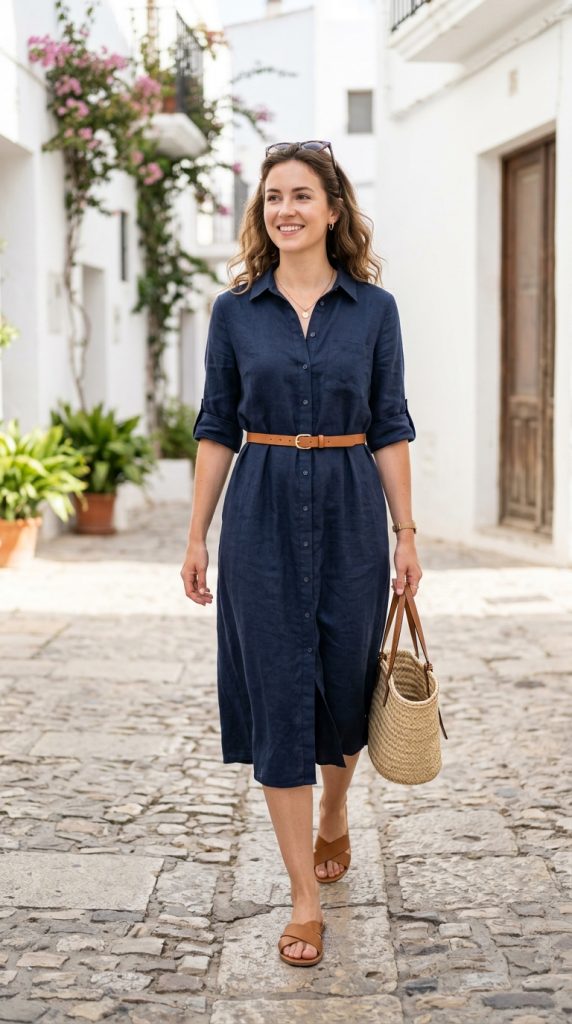 Button-down shirt dress cinched with a belt