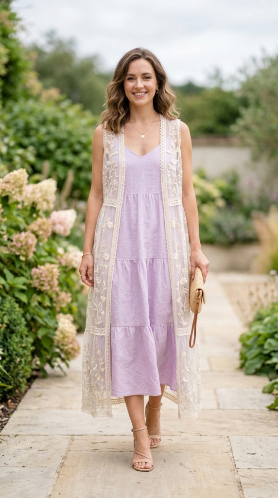 Pastel lilac summer dress with nude sandals