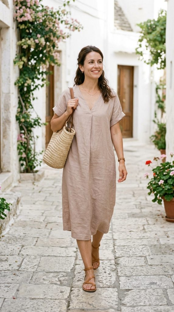 Neutral linen summer dress with a woven bag