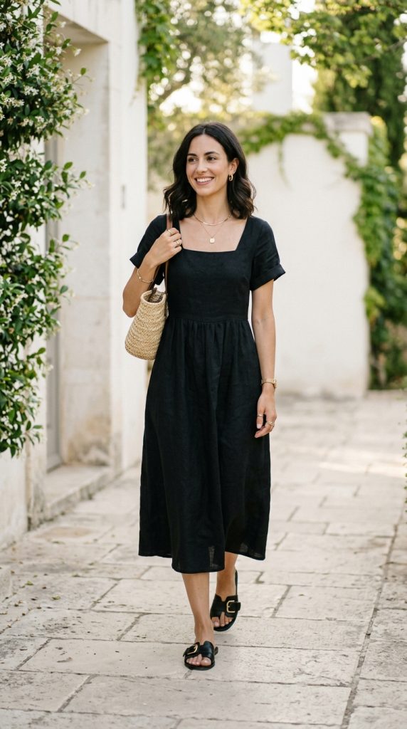 Black summer dress with sandals and gold jewellery