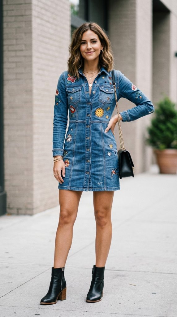 Denim mini dress with ankle boots