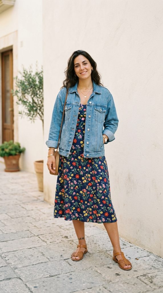 Denim jacket over a floral summer dress