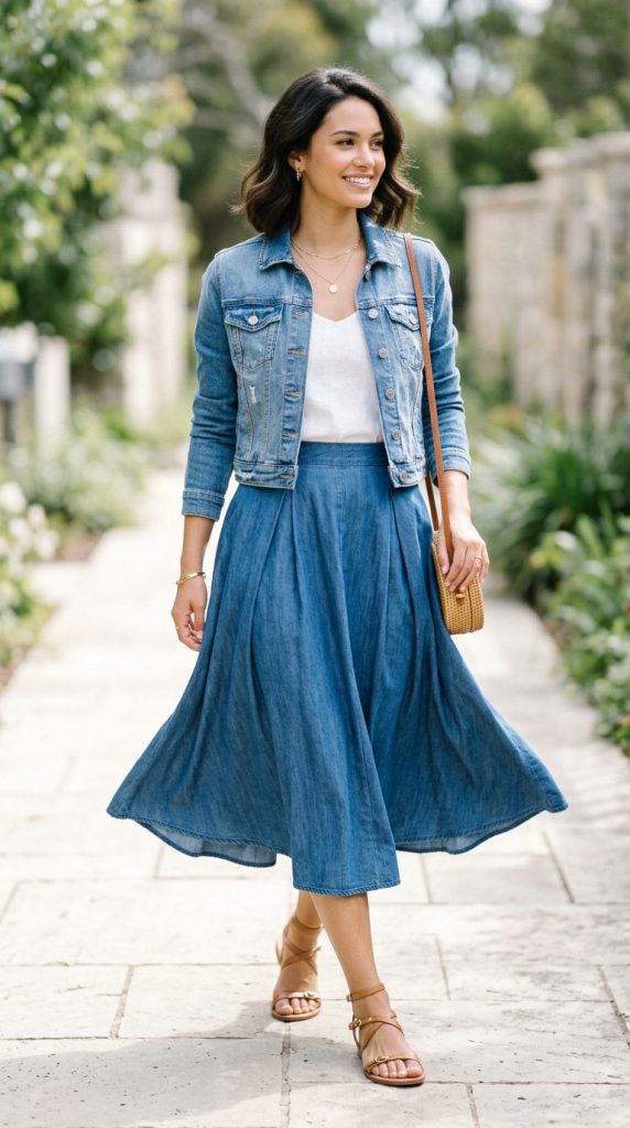 Cropped denim jacket with a midi skirt