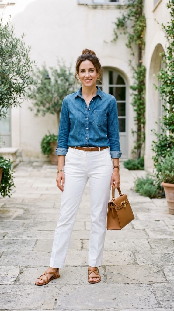Denim shirt with crisp white trousers