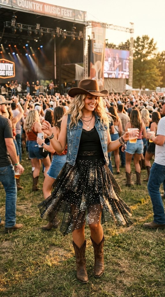 Denim skirt with cowboy boots for a country concert outfits