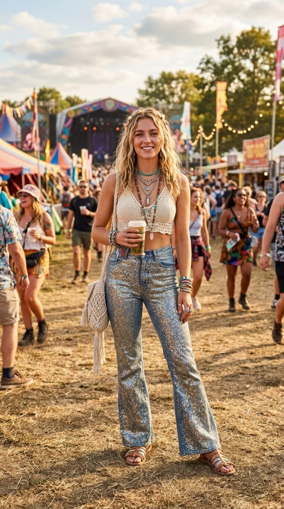Crochet top with flared jeans for a festival