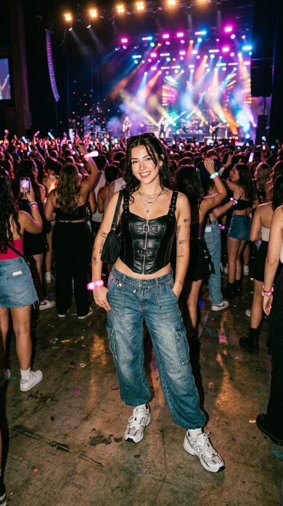  Corset top with baggy jeans for a Y2K concert look