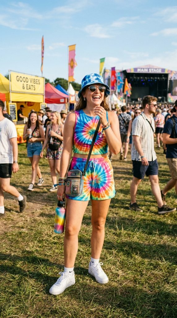 Tie-dye matching set with sneakers for a festival