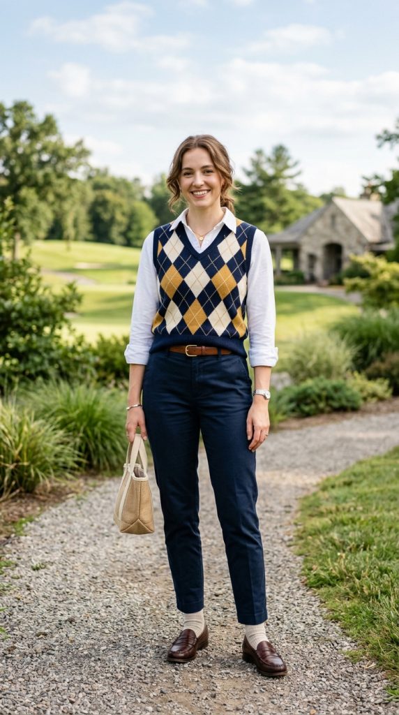 Argyle sweater vest with tailored trousers