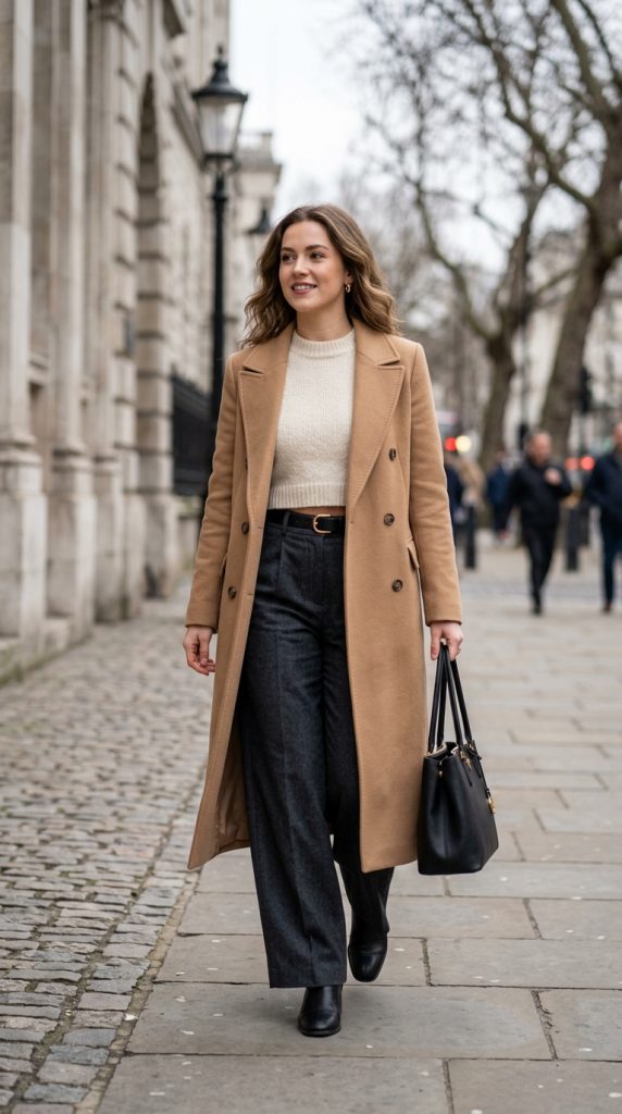  Cropped jumper with wide trousers and a long coat