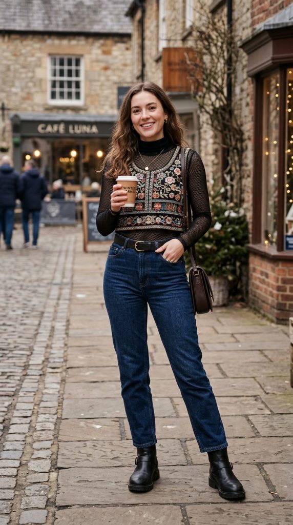 Crop top layered over a fitted long-sleeve top