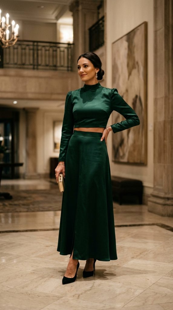 Satin crop top with a matching maxi skirt