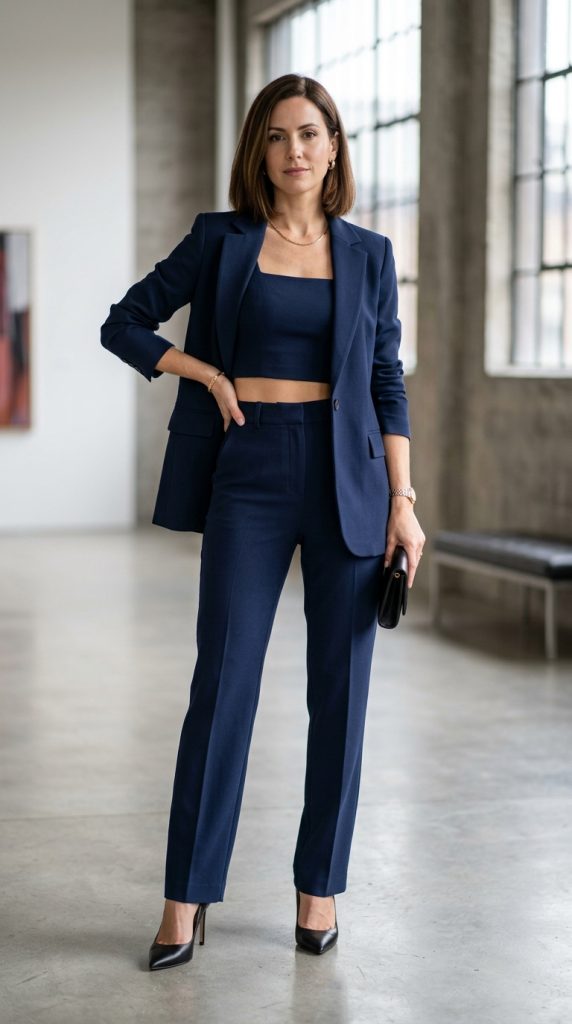 Crop top with a blazer and matching trousers