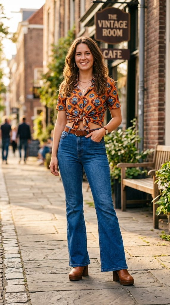 Shirt tied at the waist with flared jeans