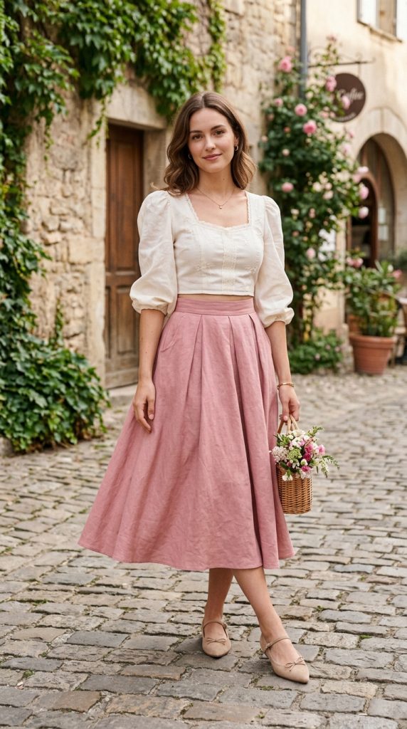 Cropped blouse with an A-line midi skirt