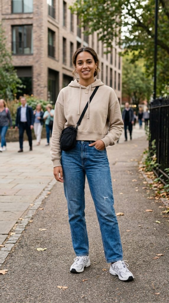 Cropped hoodie with relaxed jeans and trainers