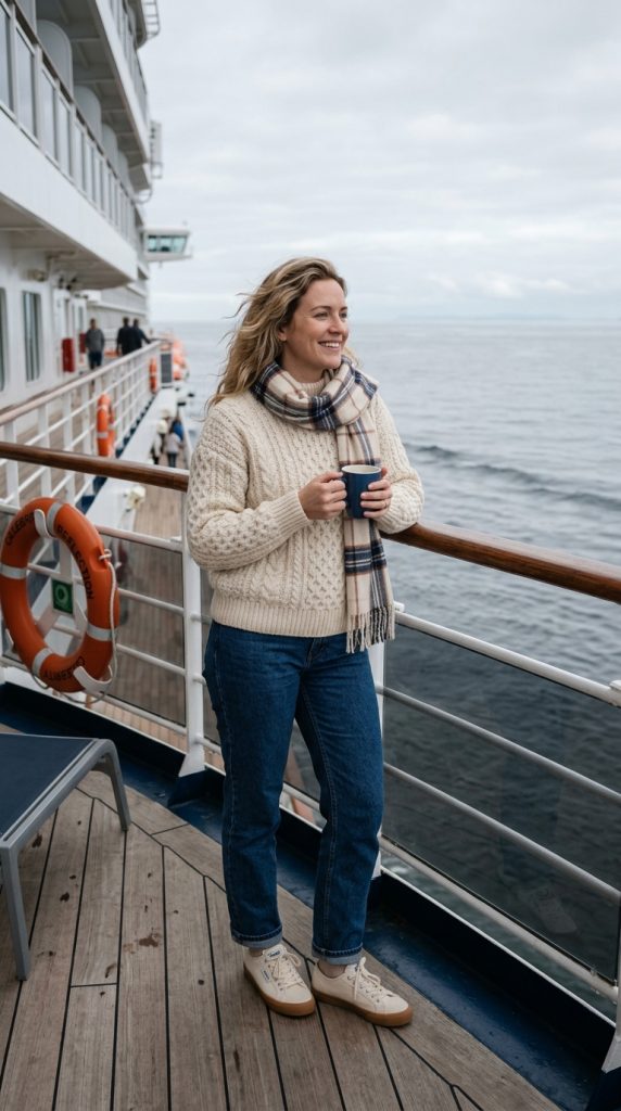  Cable-knit sweater with straight jeans on deck