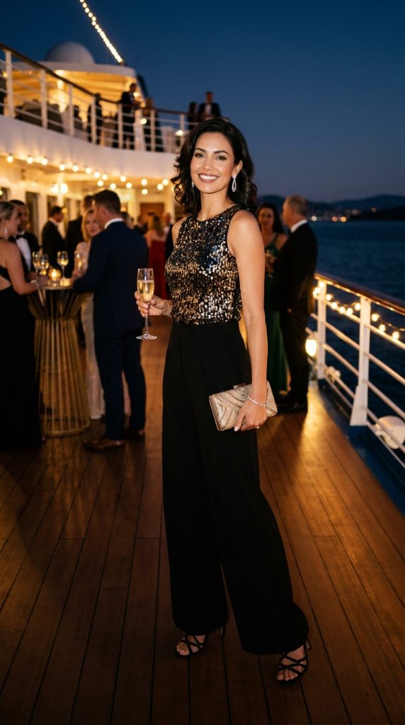 Sequin top with wide-leg trousers for gala night