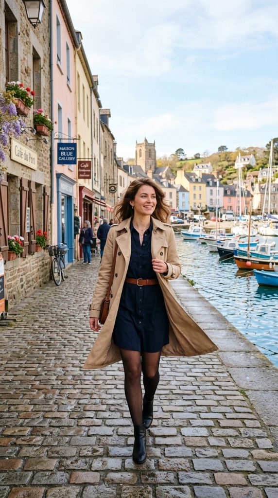 Belted shirt dress with tights and ankle boots