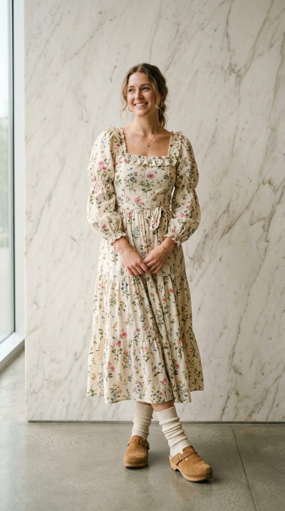 Floral prairie dress with slouchy socks and clogs