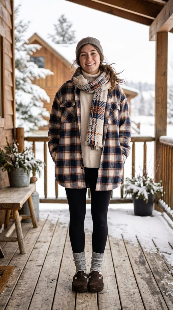  Leggings and an oversized shirt with shearling clogs