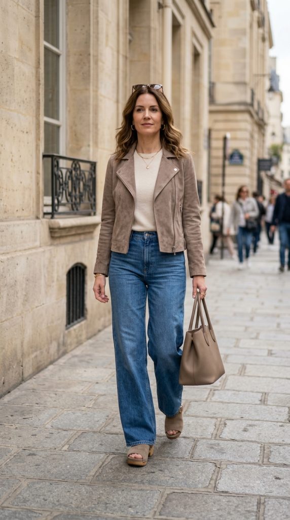 Suede jacket with wide-leg jeans and suede clogs