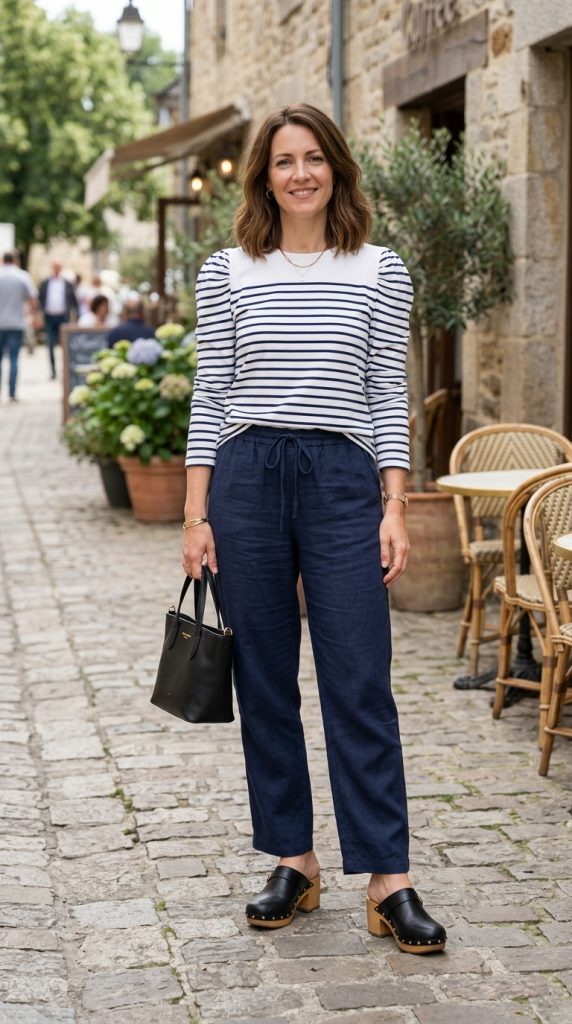 Striped top with drawstring trousers and clogs