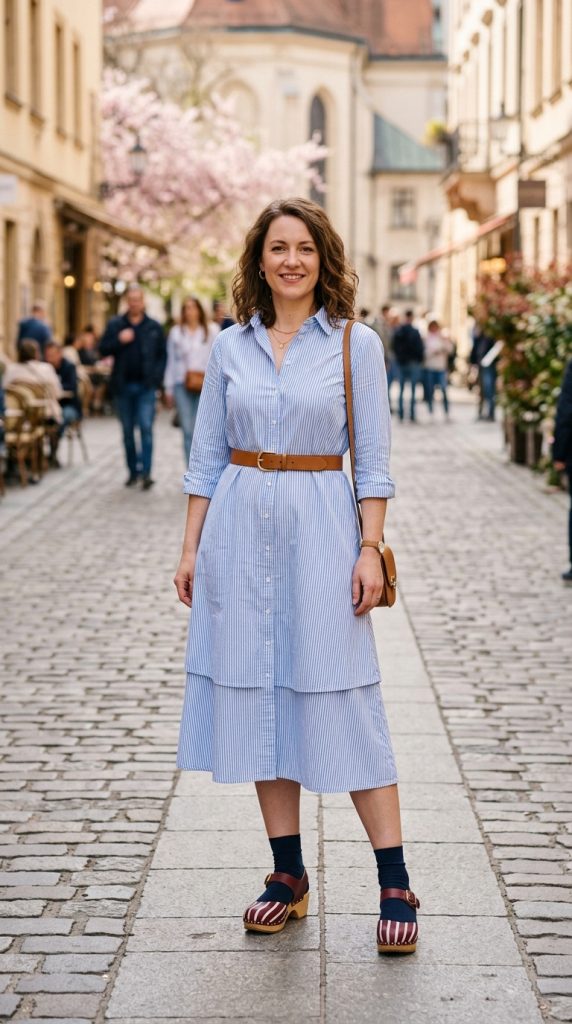 Belted midi shirt dress with clogs