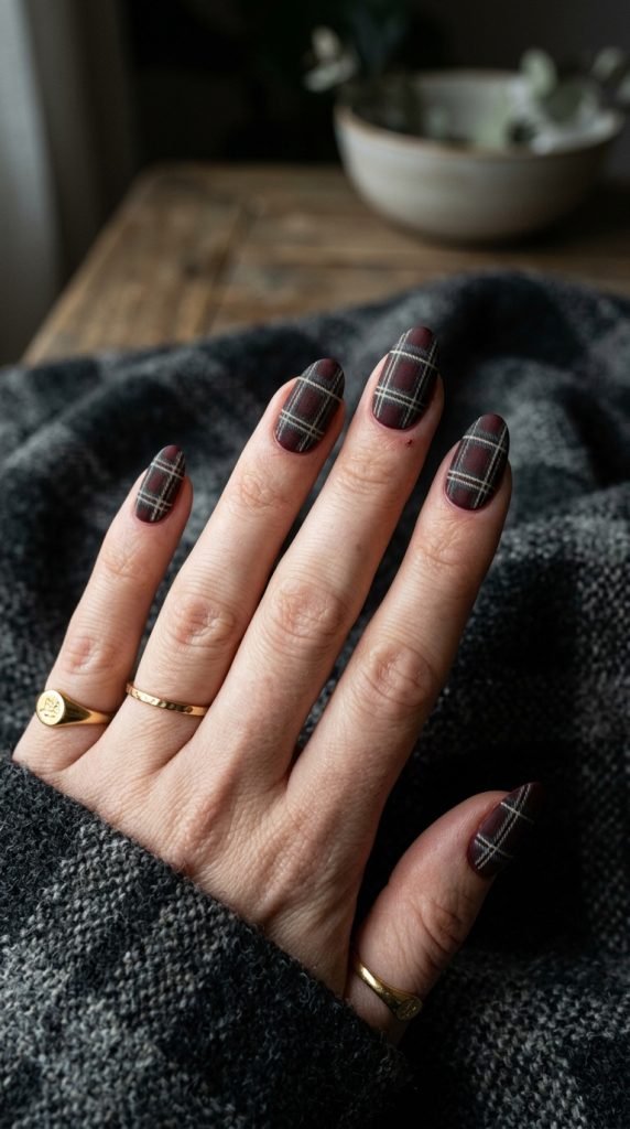 Matte oxblood and charcoal plaid nails