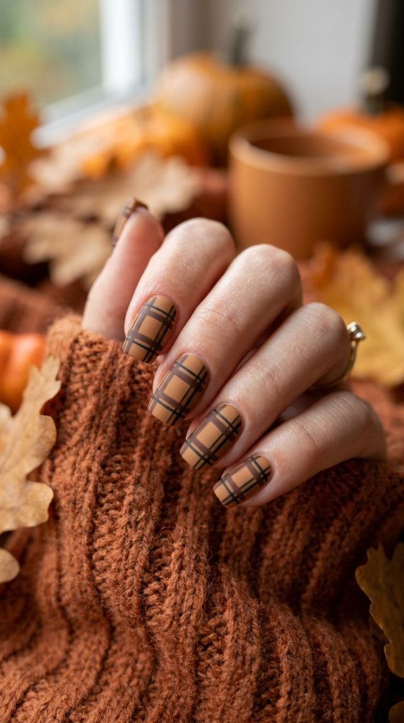 Camel and chocolate brown plaid nails