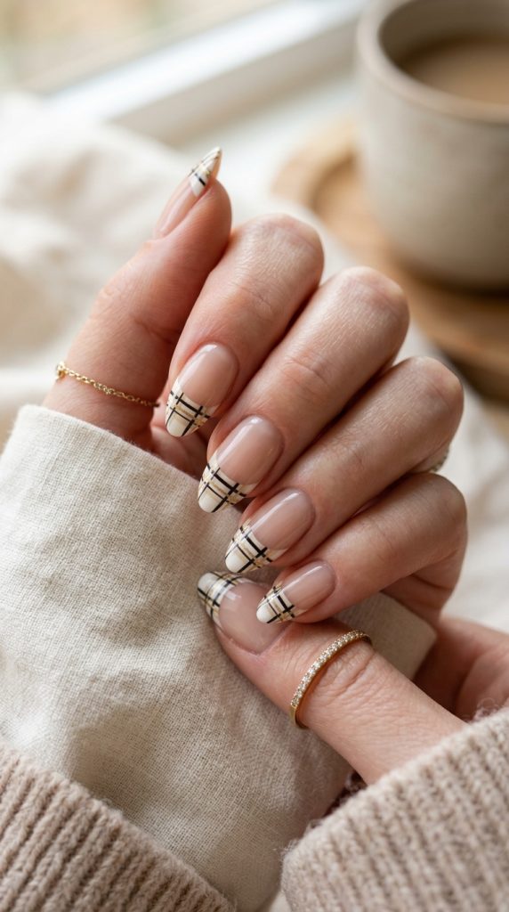 Plaid French tip nails on a nude base